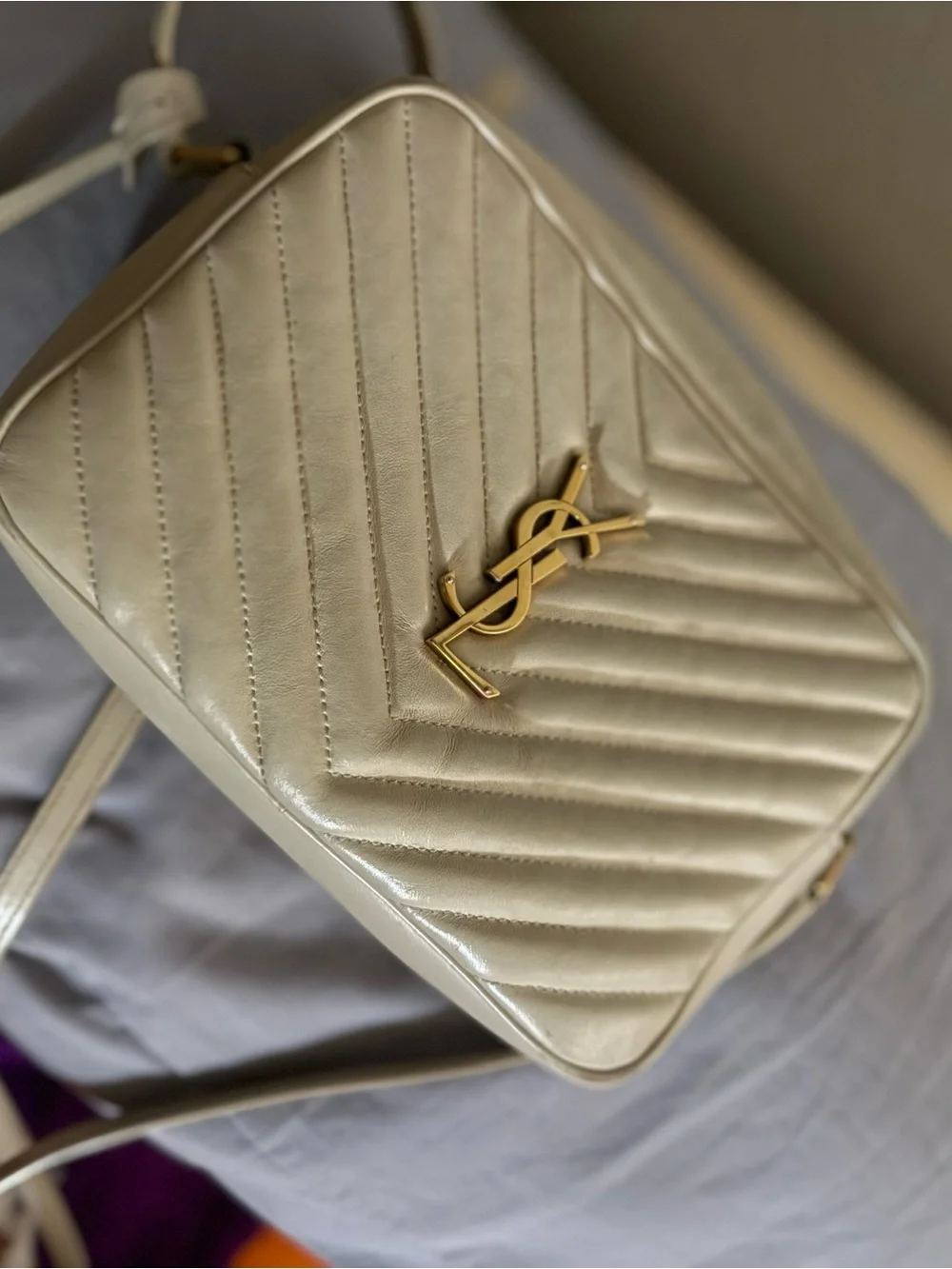 Saint Laurent Cream Quilted Crossbody Camera Bag with Gold YSL Hardware